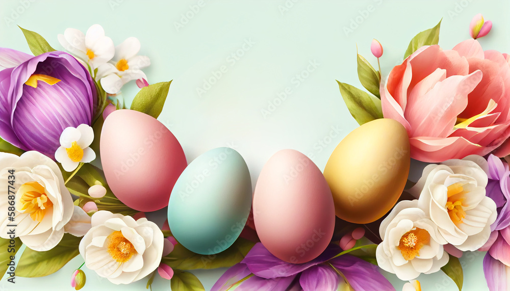 Happy Easter banner with colorful Easter eggs and flowers of pastel colors on a pastel background, with copy space for your text, generative AI