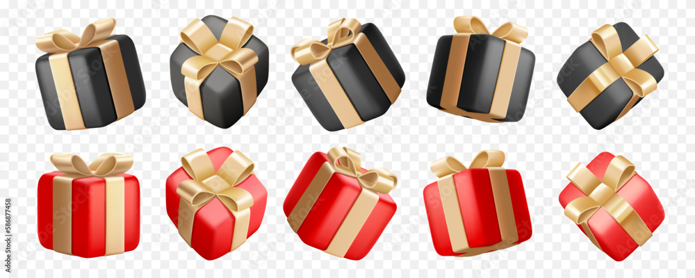 3D Gift box set. Set of gift boxes with golden ribbons, isolated on transparent background. Vector illustration. 3D Gift box set. Set of gift boxes with golden ribbons, isolated on transparent background. Vector illustration.