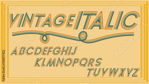 Vector of retro style alphabet italic font , retro vintage 70s style stripes of alphabet , Lettering stylish 70s 