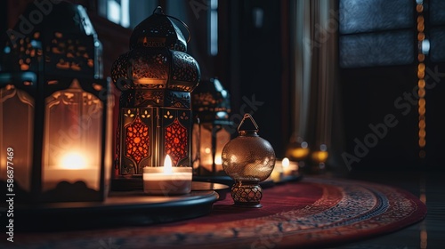 Arabic vintage lantern on table, idea for Ramadan month theme concept, Generative Ai