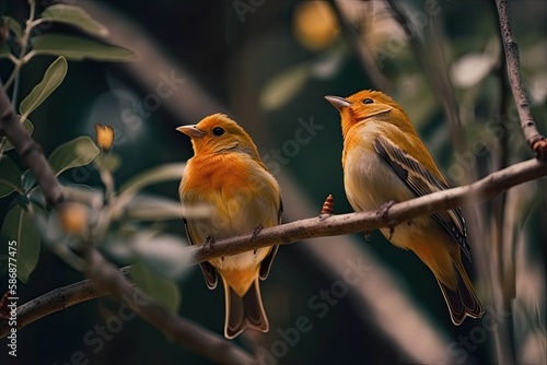 two birds perched on a tree branch. Generative AI