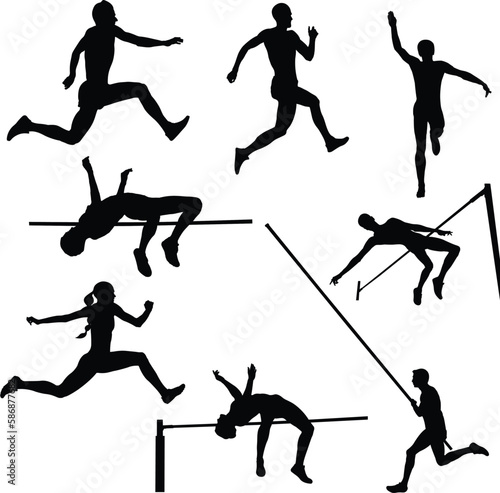 set men and women athletes long jump, high jump, pole vault black silhouette on white background, summer olympic sports, vector illustration