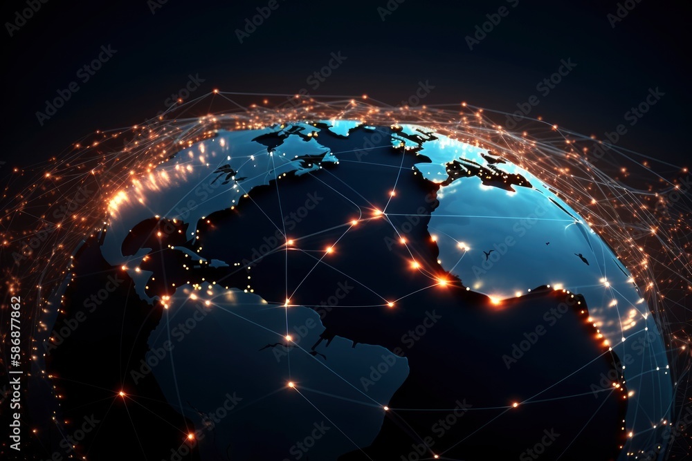 A planet earth with a network of lines and lines. Generative AI A planet earth with a network of lines and lines. Generative AI