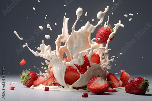 Lots of juicy strawberries and cream splashing, close-up Ai generative.