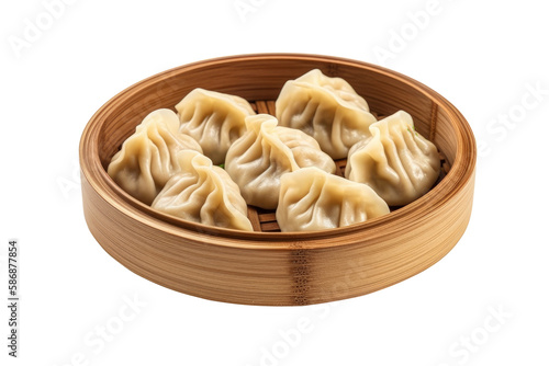 Chinese dumplings in bamboo steamer isolated on white background. png transparency