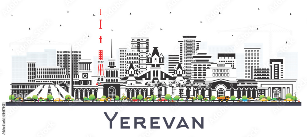 Yerevan Armenia City Skyline with Color Buildings Isolated on White. Yerevan Cityscape with Landmarks. Business Travel and Tourism Concept with Historic Architecture.