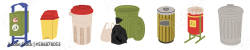 Street garbage cans.  On legs or with a sticker with the sign of a waste disposal site.Waste sorting. Design for waste collection companies. City cleaning. Flat style in vector illustration.