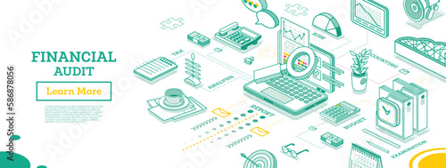 Financial Audit. Isometric Business Concept. Account Tax Report. Open Laptop with Documents. Calendar and Magnifier. Report Under Magnifying Glass. Calculating Balance.