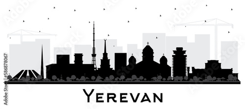Yerevan Armenia City Skyline Silhouette with Black Buildings Isolated on White. Yerevan Cityscape with Landmarks. Business Travel and Tourism Concept with Historic Architecture.