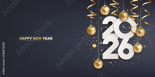 Happy new year 2026. White paper numbers with golden Christmas decoration and confetti on  dark blue background. Holiday greeting card design.
