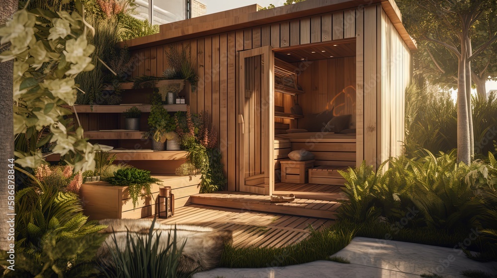 beautiful little cozy wooden room in garden, idea for small house pavilion, Generative Ai
