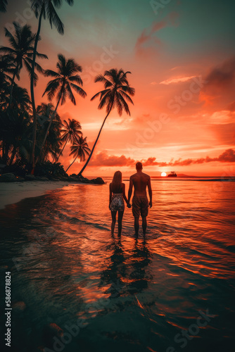 a couple silhouettes holding hands with their backs turned, romantic sunset scene. ai generative