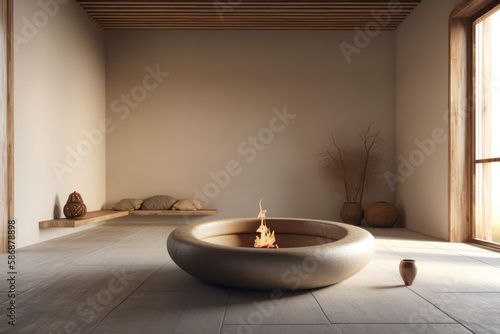 This minimalist Zen Room Meditation interior provides a calm and peaceful space for home meditation. Soft natural light and a muted color palette create a soothing atmosphere, encouraging relaxation.