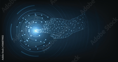 Hand design Technologies of the future.Polygonal Hand mesh image on dark blue background.Futuristic technology. Hi-tech abstract background.
