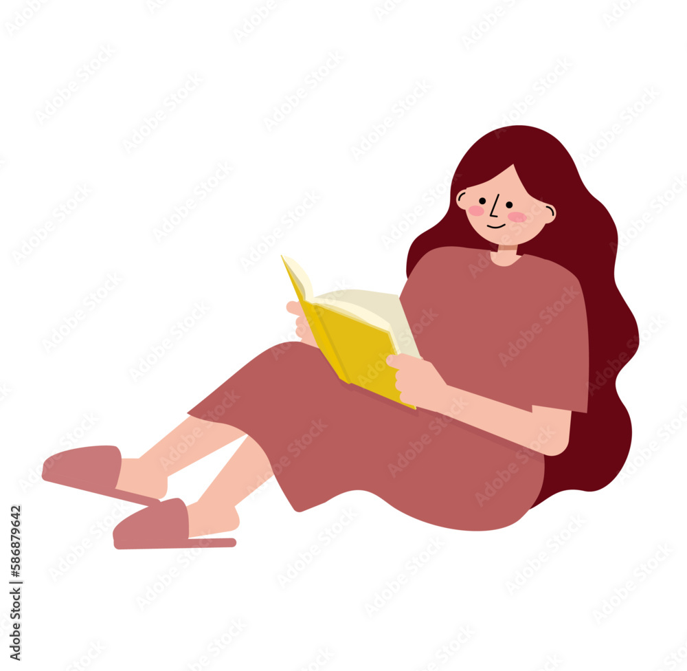 床に座って本を読んでいる女性のイラスト 床に座って本を読んでいる女性のイラスト