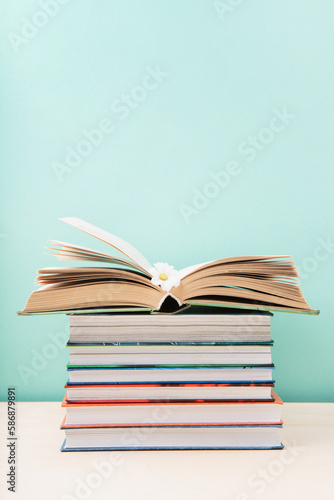 World book and Copyright day, Education concept on Blue Mint Background.