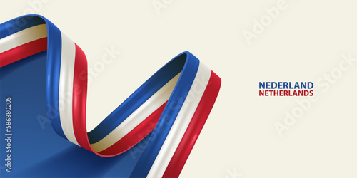 Netherlands ribbon flag. Bent waving ribbon in colors of the Netherlands national flag. National flag background.