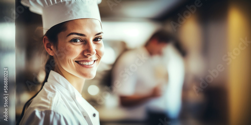 beautiful young female chef in a restaurant created with ai generative tools