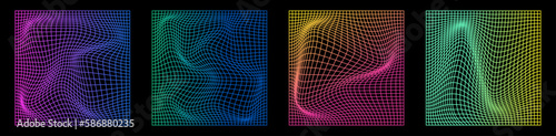 Distorted grid neon pattern set. Futuristic geometric square background. Vector Illustration