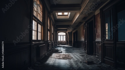 creepy corridor in abandon house   Generative Ai