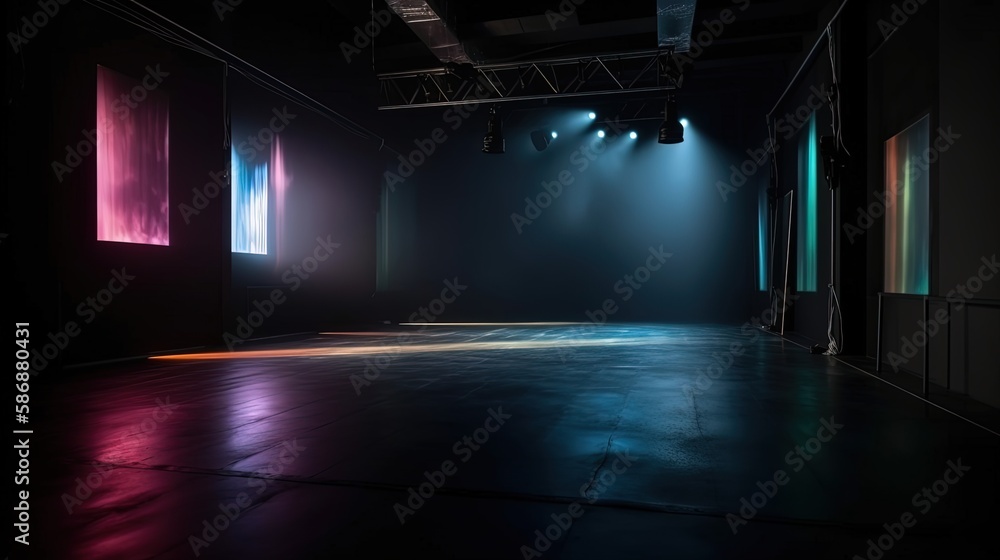 pink blue spotlights shine on stage floor in dark room, idea for background backdrop, music hall or studio, Generative Ai