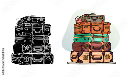 Classic retro travel suitcases stacked on top of each other. Cartoon style. Silhouette.