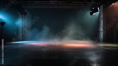 orange blue spotlights shine on stage floor in dark room, idea for background backdrop, music hall or studio, Generative Ai