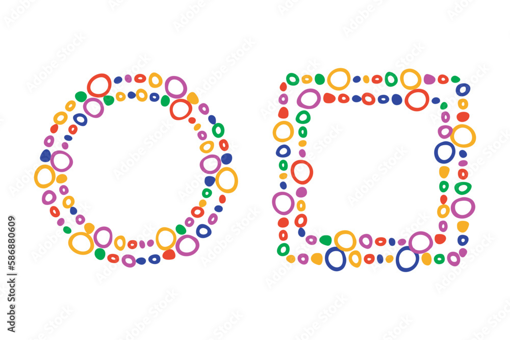 Frames, border Set. Hand drawn paint brush line strokes, cute bubbles, colorful rainbow color palette. Circle wreath, square geometric shapes. Empty frame for text space Frames, border Set. Hand drawn paint brush line strokes, cute bubbles, colorful rainbow color palette. Circle wreath, square geometric shapes. Empty frame for text space