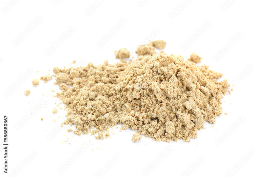 Heap of aromatic mustard powder on white background Heap of aromatic mustard powder on white background