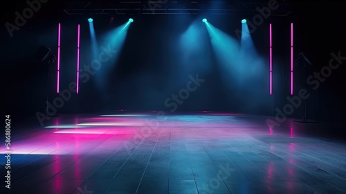 pink blue spotlights shine on stage floor in dark room  idea for background backdrop  music hall or studio  Generative Ai
