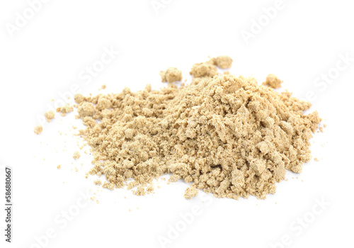 Heap of aromatic mustard powder on white background