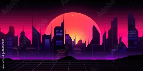 Illustration of a synthwave city sunset - Generative AI photo