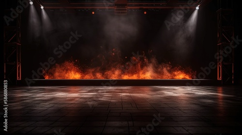 fire stage with spotlights shine on floor in dark room, idea for background backdrop, Generative Ai