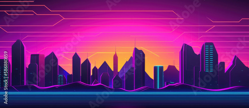 Illustration of a synthwave cityscape - Generative AI photo