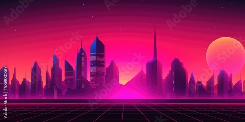 Illustration of a panoramic synthwave city - Generative AI photo