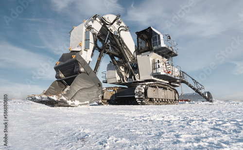 New Large quarry dump excavator. Big mining Dragline work coal deposit. Production useful minerals. Work Excavator In Open Pit. Working Heavy Machinery. Working on construction site © timofeev