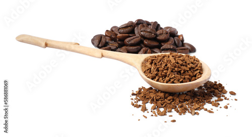 Wooden spoon of instant coffee and beans on white background