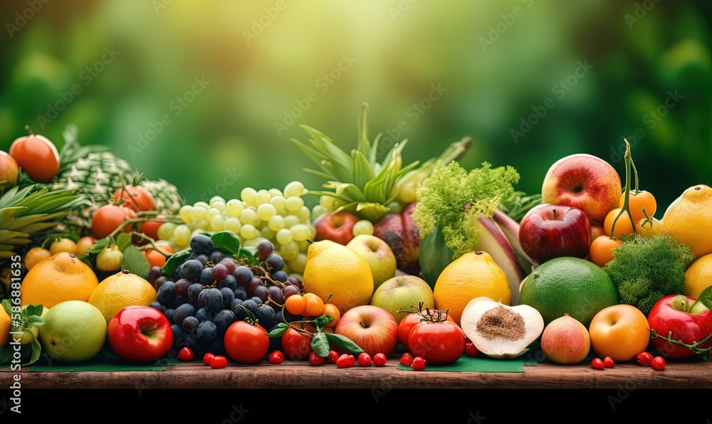 Assortment of fresh organic fruits and vegetables. The background is a blurred green garden. Generative AI. Assortment of fresh organic fruits and vegetables. The background is a blurred green garden. Generative AI.