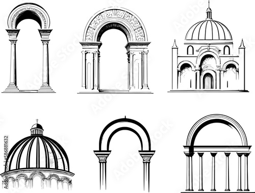 Set of vector illustrations of antique arches.Basic elements of Greek architecture.