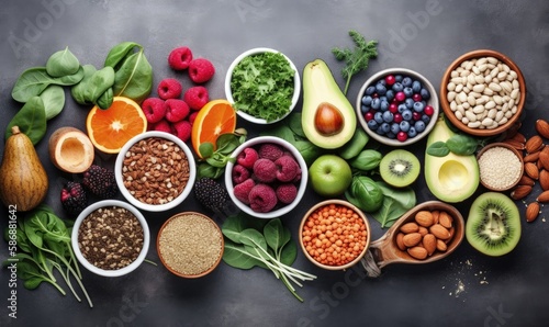 Healthy food clean eating selection: fruit, vegetable, seeds, superfood, cereal, leaf vegetable on gray concrete background. Generative AI.