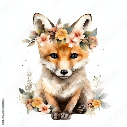 Cute watercolor portrait of a baby fox wearing wild flower wreath. Decorative element for invitations, Easter greeting cards, stickers, nursery 