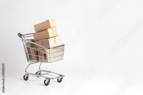 a shopping cart filled with boxes on top and around isolated on white background with copy space. Created with Generative AI Technology