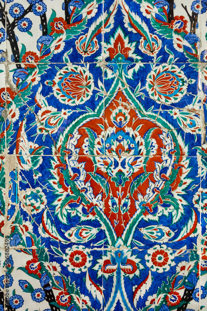 Iznik tiles detail in Topkapi palace. Ornate floral design. Turkey