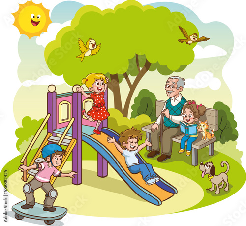 grandfather and kids playing in the playground cartoon vector 