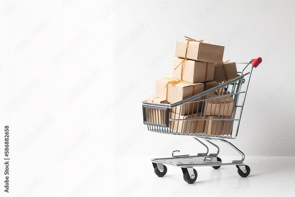 a shopping cart filled with boxes on top and around isolated on white background with copy space. Created with Generative AI Technology