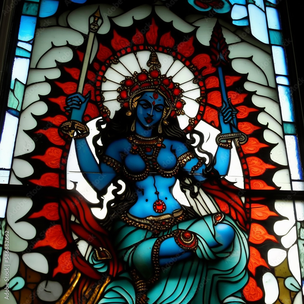 Generative AI: Illustration of a blue Hindu Goddess with many arms made of stained glass.