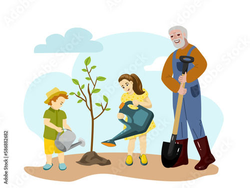 Happy grandfather and his grandchild Planting Tree Together. Activity in the garden. Vector illustration