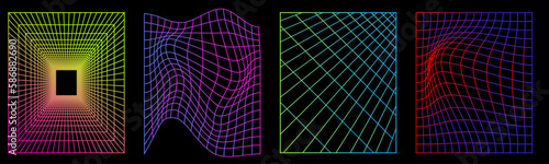 Set of distorted neon grid pattern. 3D abstract posters, patterns, cyberpunk elements in trendy psychedelic rave style