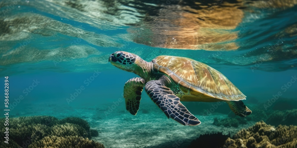 Obraz premium Meeresschildkröte schwimmt Unterwasser im Meer - Generative AI