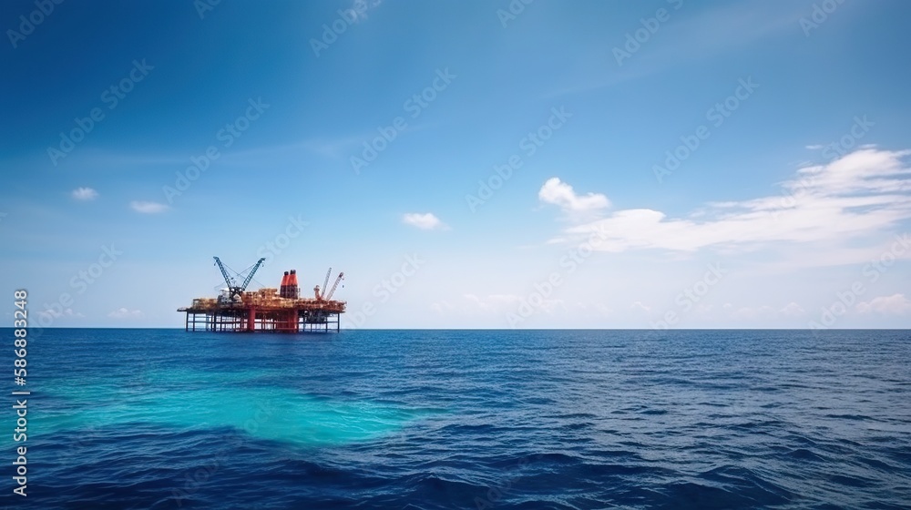Oil rig in the sea on a sunny day with blue sky. Offshore oil drilling. Generative AI